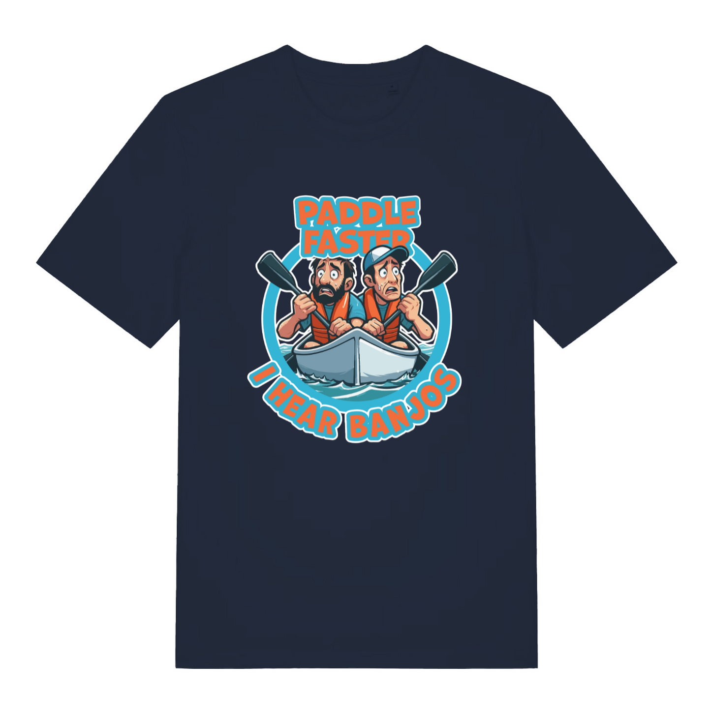 navy women's movie t-shirt with the graphic of two cartoon people in a kayak and the slogan 'paddle faster i hear banjos'
