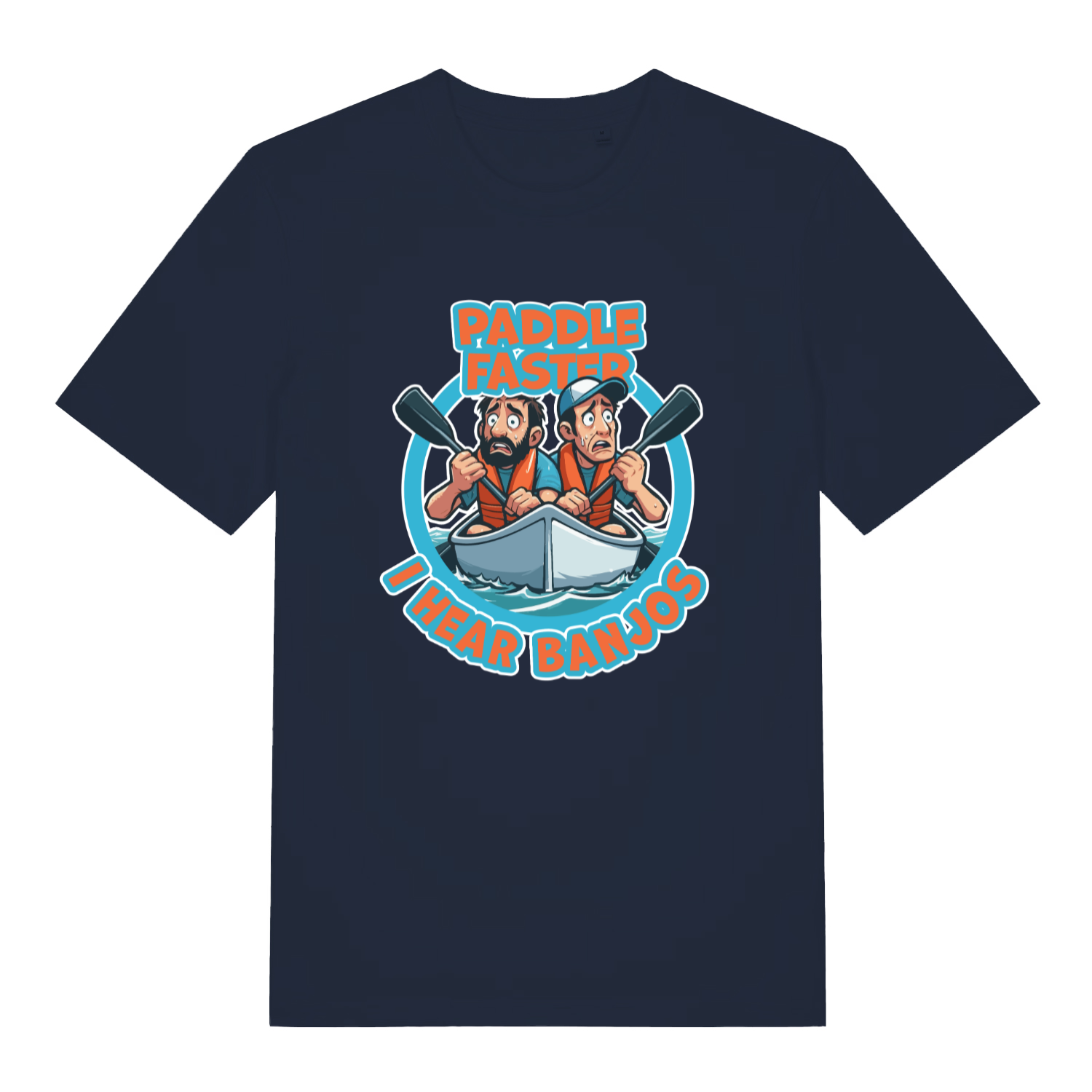 navy women's movie t-shirt with the graphic of two cartoon people in a kayak and the slogan 'paddle faster i hear banjos'