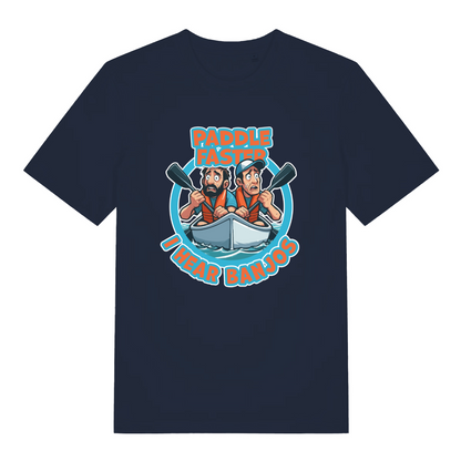 navy women's movie t-shirt with the graphic of two cartoon people in a kayak and the slogan 'paddle faster i hear banjos'