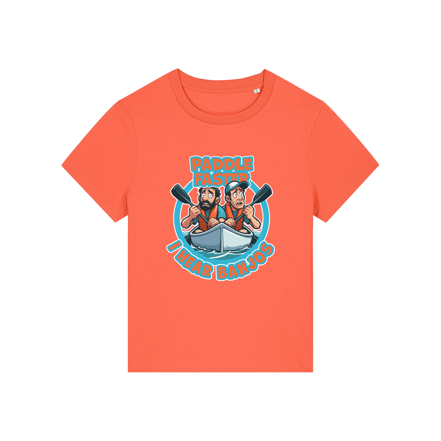 orange movie t-shirt with the graphic of two people in a kayak and the slogan 'paddle faster i hear banjos'