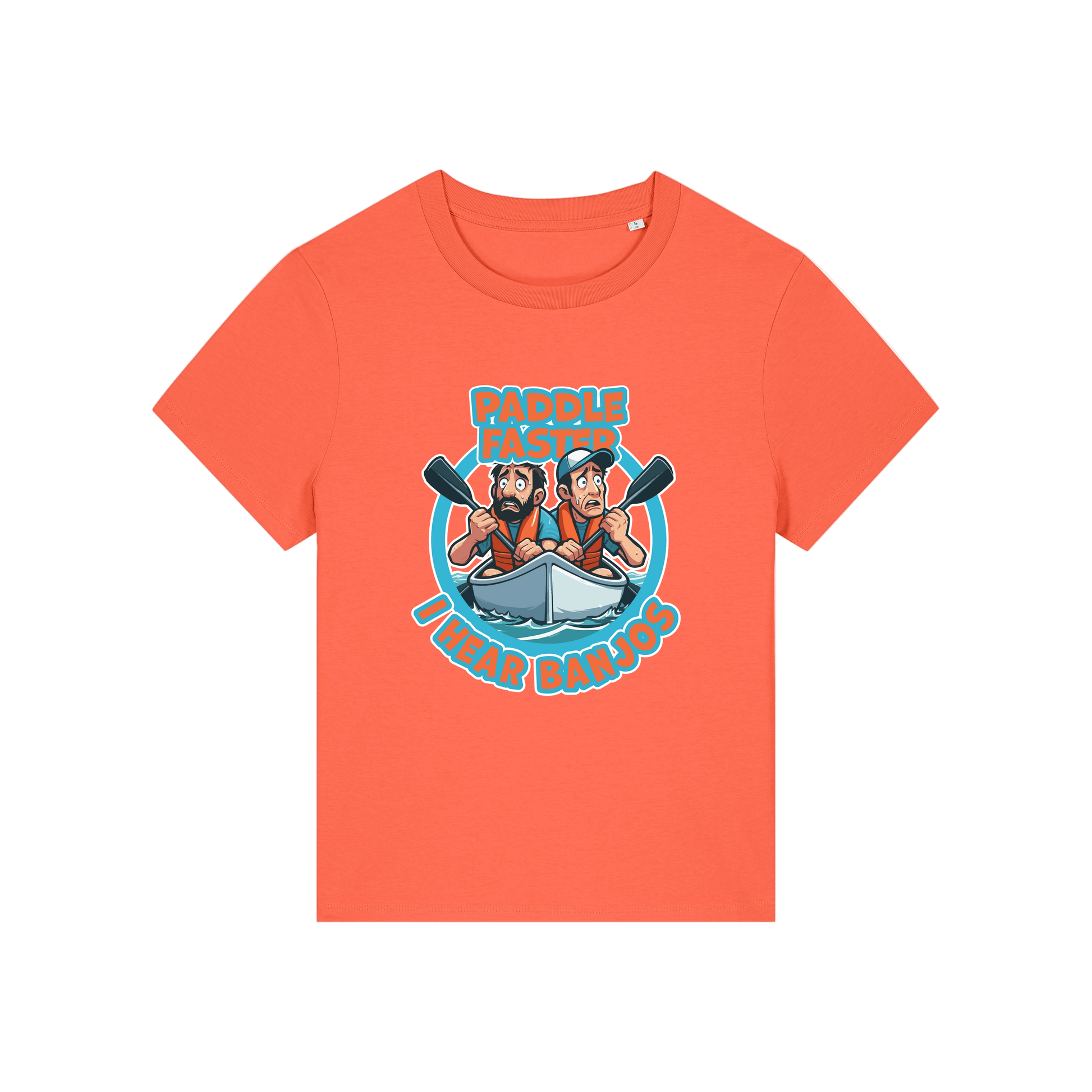 orange movie t-shirt with the graphic of two people in a kayak and the slogan 'paddle faster i hear banjos'
