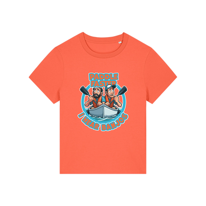 orange movie t-shirt with the graphic of two people in a kayak and the slogan 'paddle faster i hear banjos'