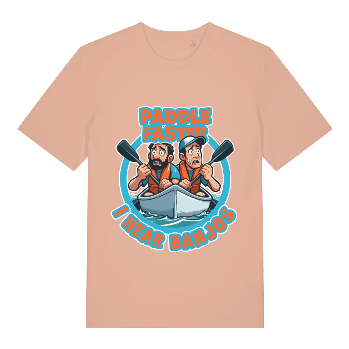 Peach Paddle Faster I Hear Banjos funny graphic t-shirt showing humorous banjo warning  
