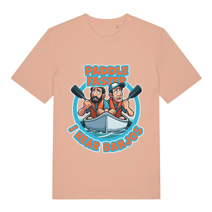 Peach Paddle Faster I Hear Banjos funny graphic t-shirt showing humorous banjo warning  
