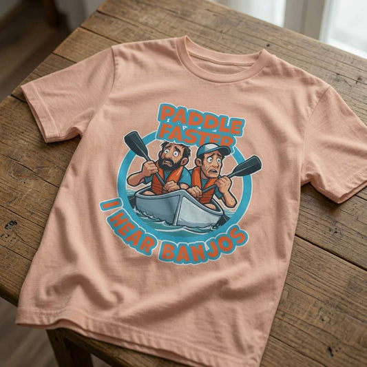 Peach Paddle Faster I Hear Banjos t-shirt laid flat on a wooden table showing the full cartoon canoe scene, humorous ladies canoe graphic full of classic movie banter