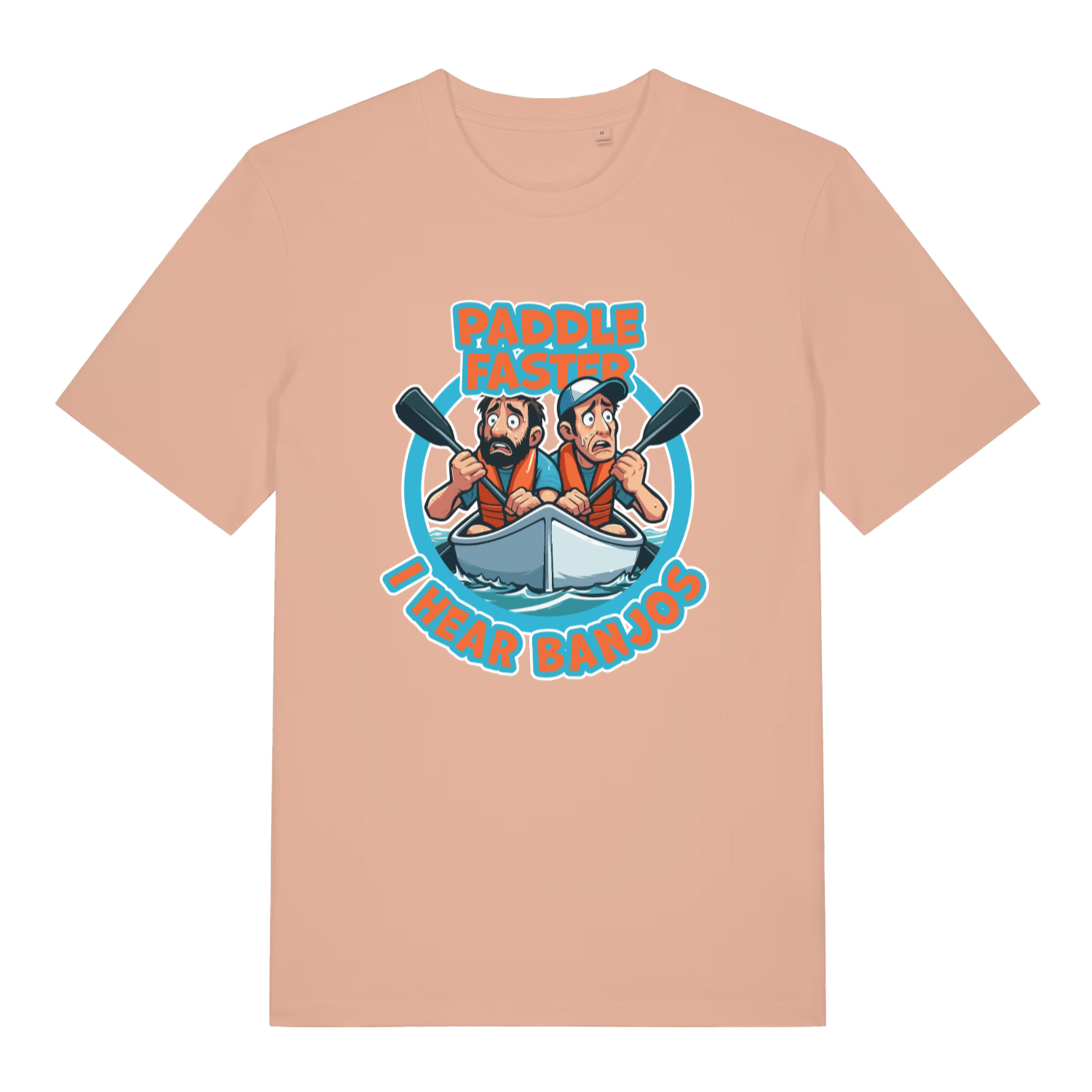 peach women's movie t-shirt with the graphic of two cartoon people in a kayak and the slogan 'paddle faster i hear banjos'
