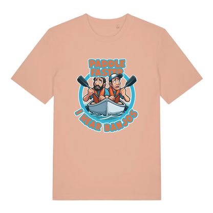 peach women's movie t-shirt with the graphic of two cartoon people in a kayak and the slogan 'paddle faster i hear banjos'