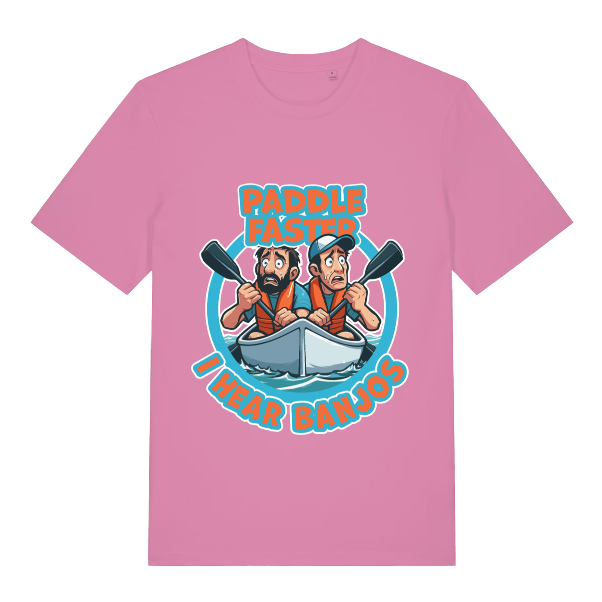 Pink Paddle Faster I Hear Banjos funny graphic t-shirt with bold Deliverance-inspired artwork  