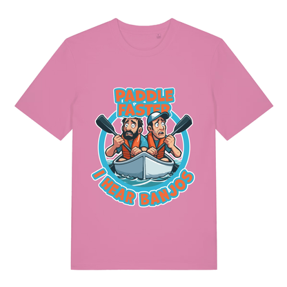 Pink Paddle Faster I Hear Banjos funny graphic t-shirt with bold Deliverance-inspired artwork  