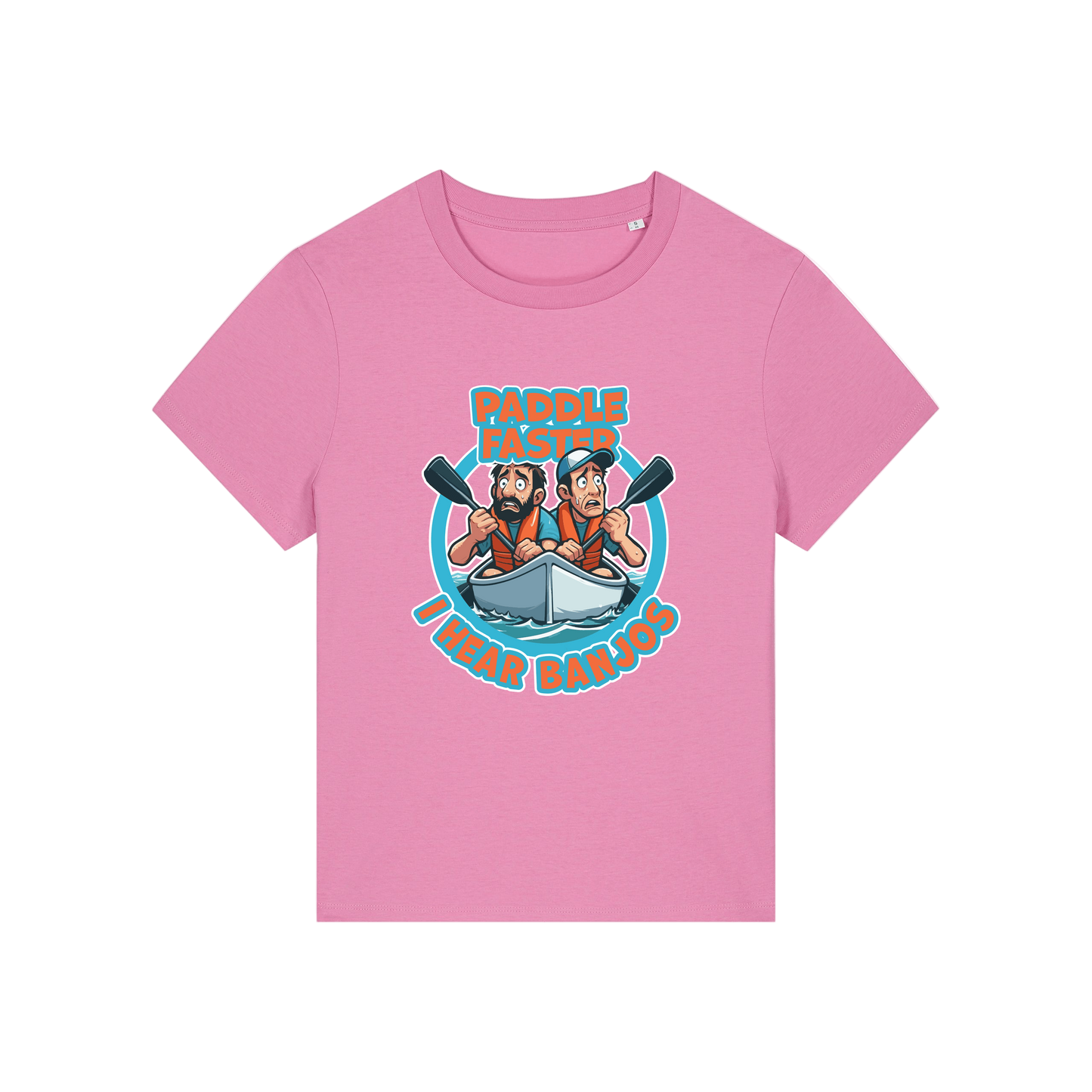 pink movie t-shirt with the graphic of two people in a kayak and the slogan 'paddle faster i hear banjos'