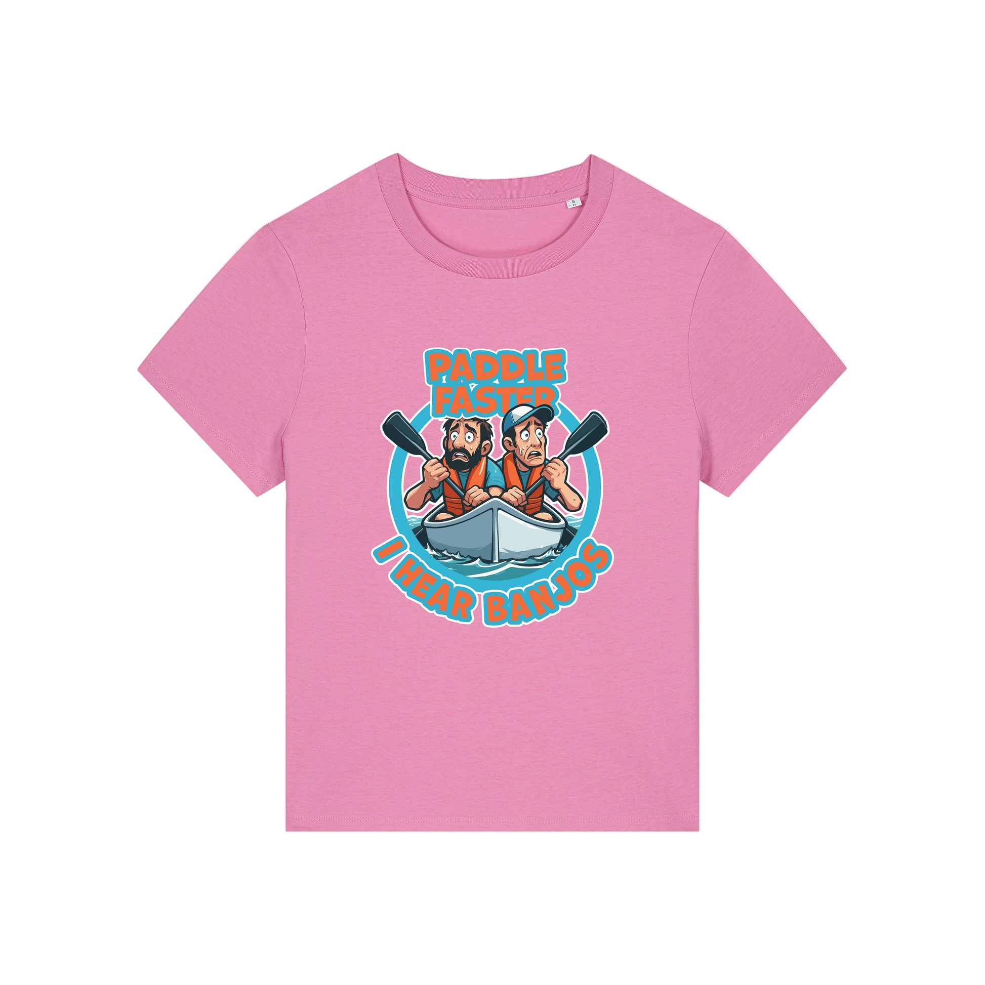 pink movie t-shirt with the graphic of two people in a kayak and the slogan 'paddle faster i hear banjos'