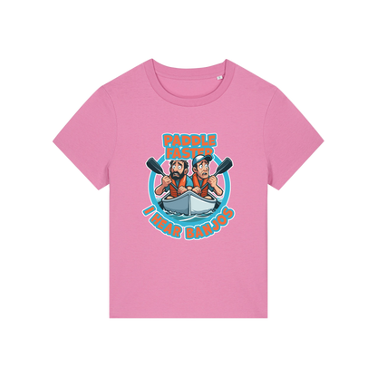 pink movie t-shirt with the graphic of two people in a kayak and the slogan 'paddle faster i hear banjos'