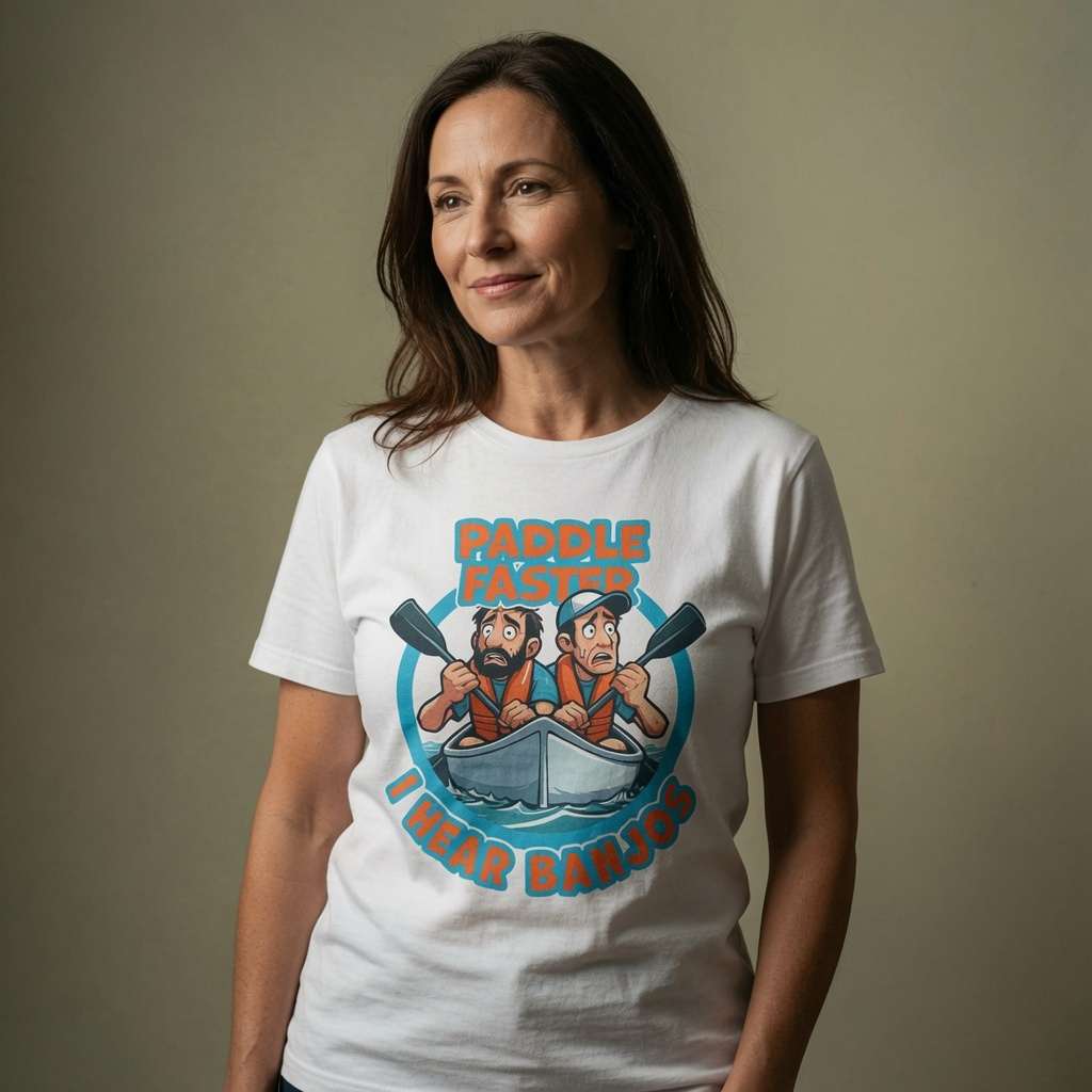 Woman with a soft knowing smile wearing a white Paddle Faster I Hear Banjos t-shirt featuring two panicked canoeists, hilarious film-inspired ladies graphic