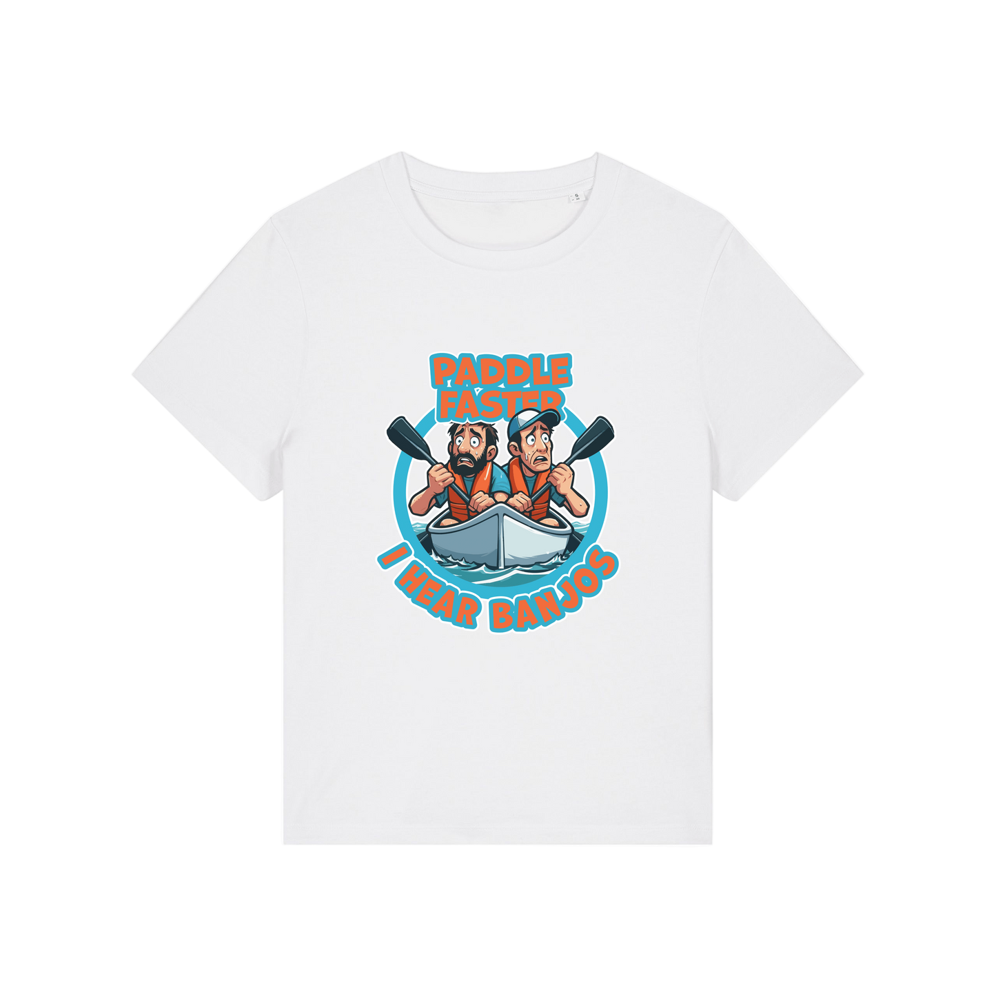 white movie t-shirt with the graphic of two people in a kayak and the slogan 'paddle faster i hear banjos'