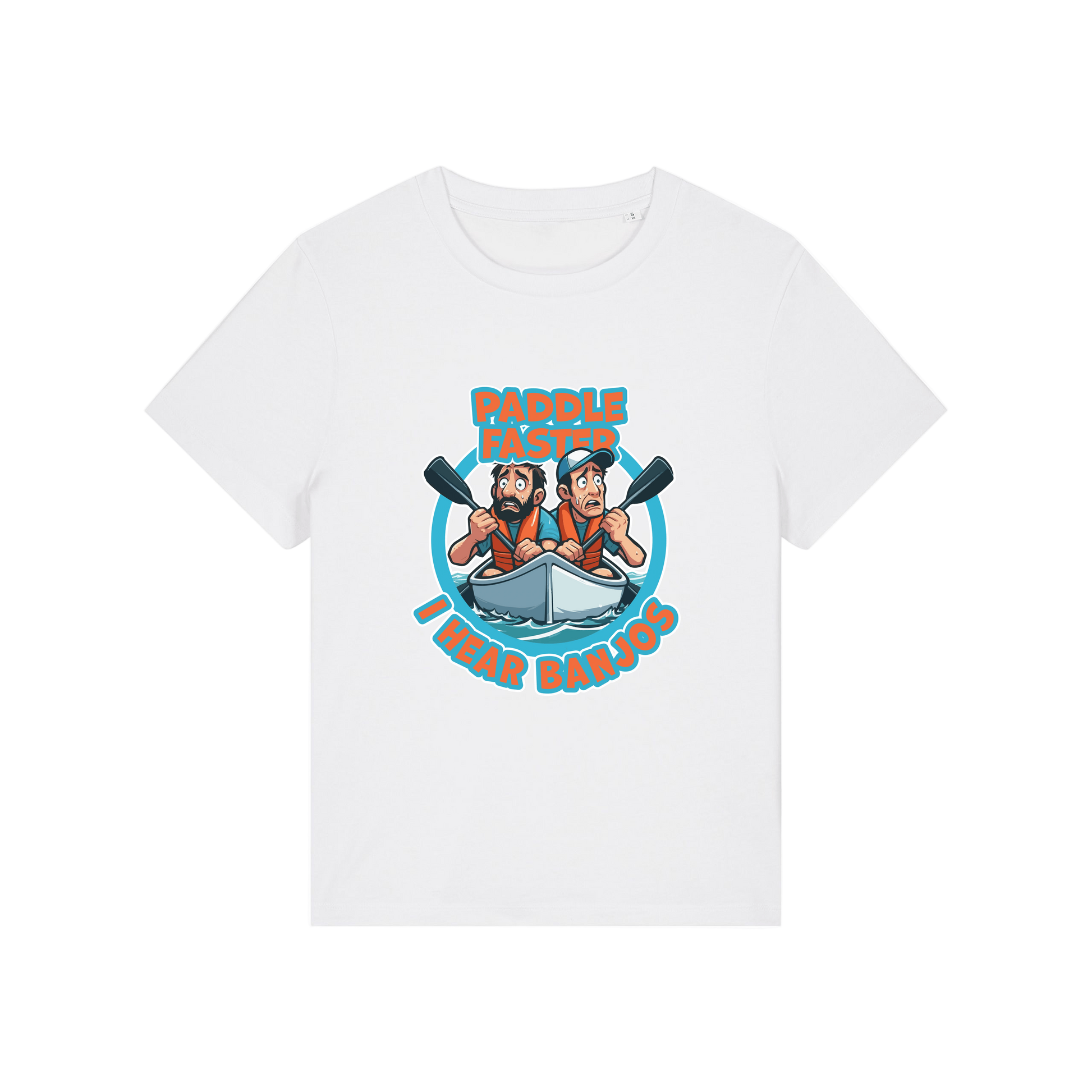 white movie t-shirt with the graphic of two people in a kayak and the slogan 'paddle faster i hear banjos'
