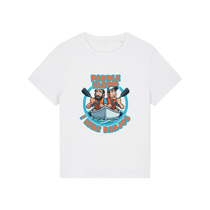 white movie t-shirt with the graphic of two people in a kayak and the slogan 'paddle faster i hear banjos'