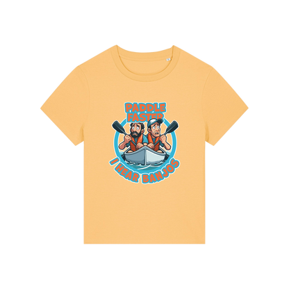 yellow movie t-shirt with the graphic of two people in a kayak and the slogan 'paddle faster i hear banjos'
