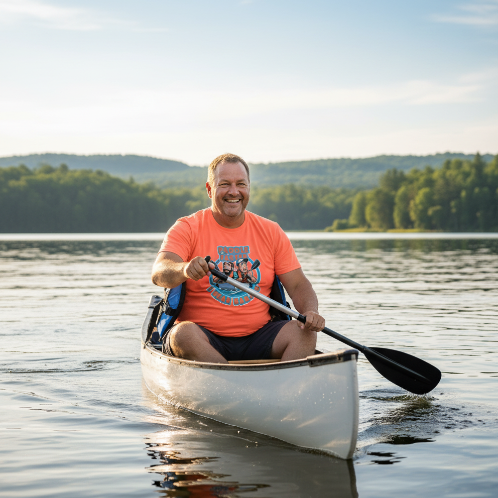 Man paddling a canoe on a calm lake with trees and mountains in the background