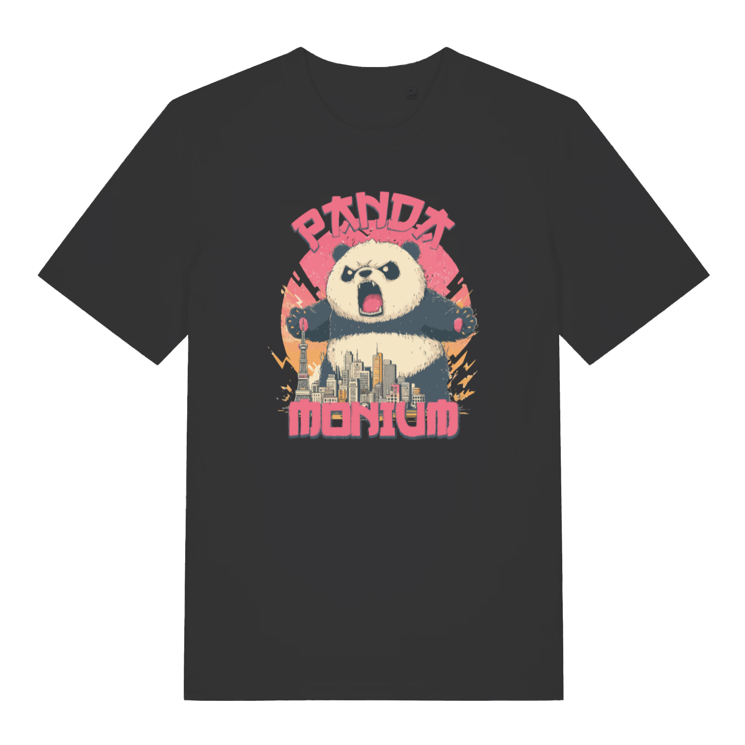 black funny animal t-shirt with the graphic of a panda and a cityscape and the text 'pandamonium'