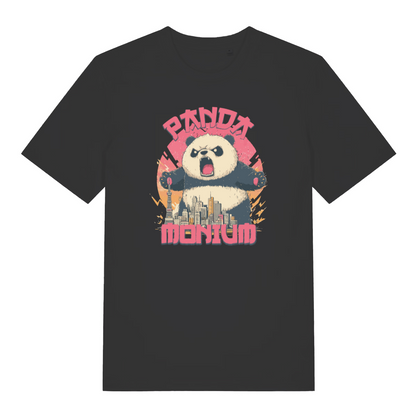 black funny animal t-shirt with the graphic of a panda and a cityscape and the text 'pandamonium'
