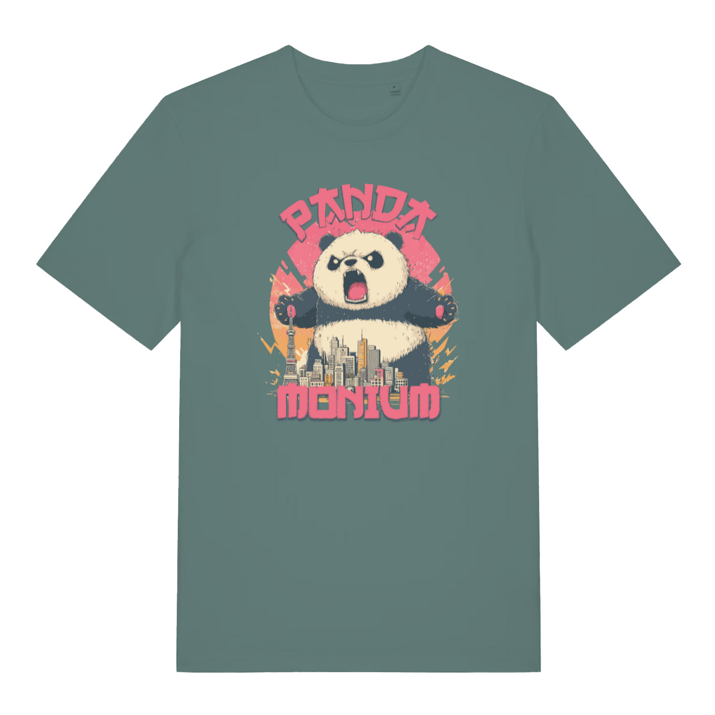 green funny animal t-shirt with the graphic of a panda and a cityscape and the text 'pandamonium'