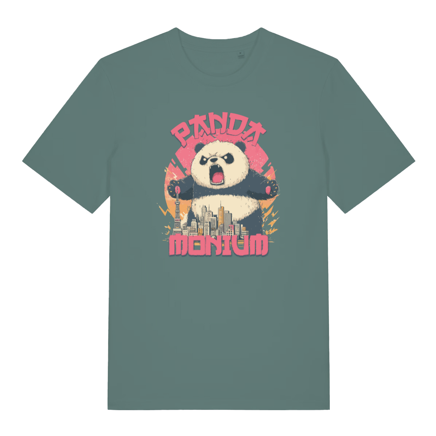 green funny animal t-shirt with the graphic of a panda and a cityscape and the text 'pandamonium'