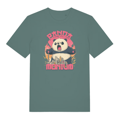 green funny animal t-shirt with the graphic of a panda and a cityscape and the text 'pandamonium'