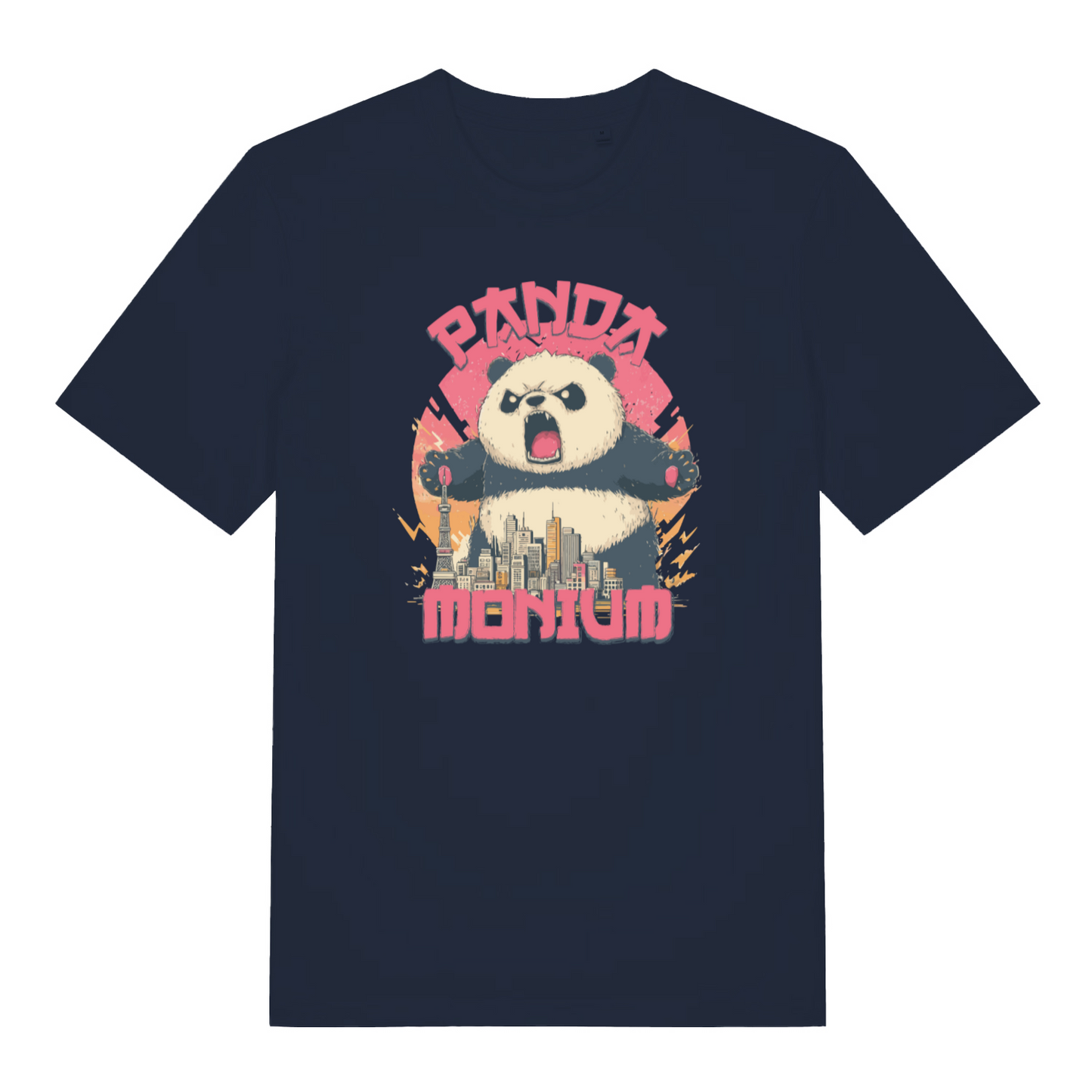 navy funny animal t-shirt with the graphic of a panda and a cityscape and the text 'pandamonium'