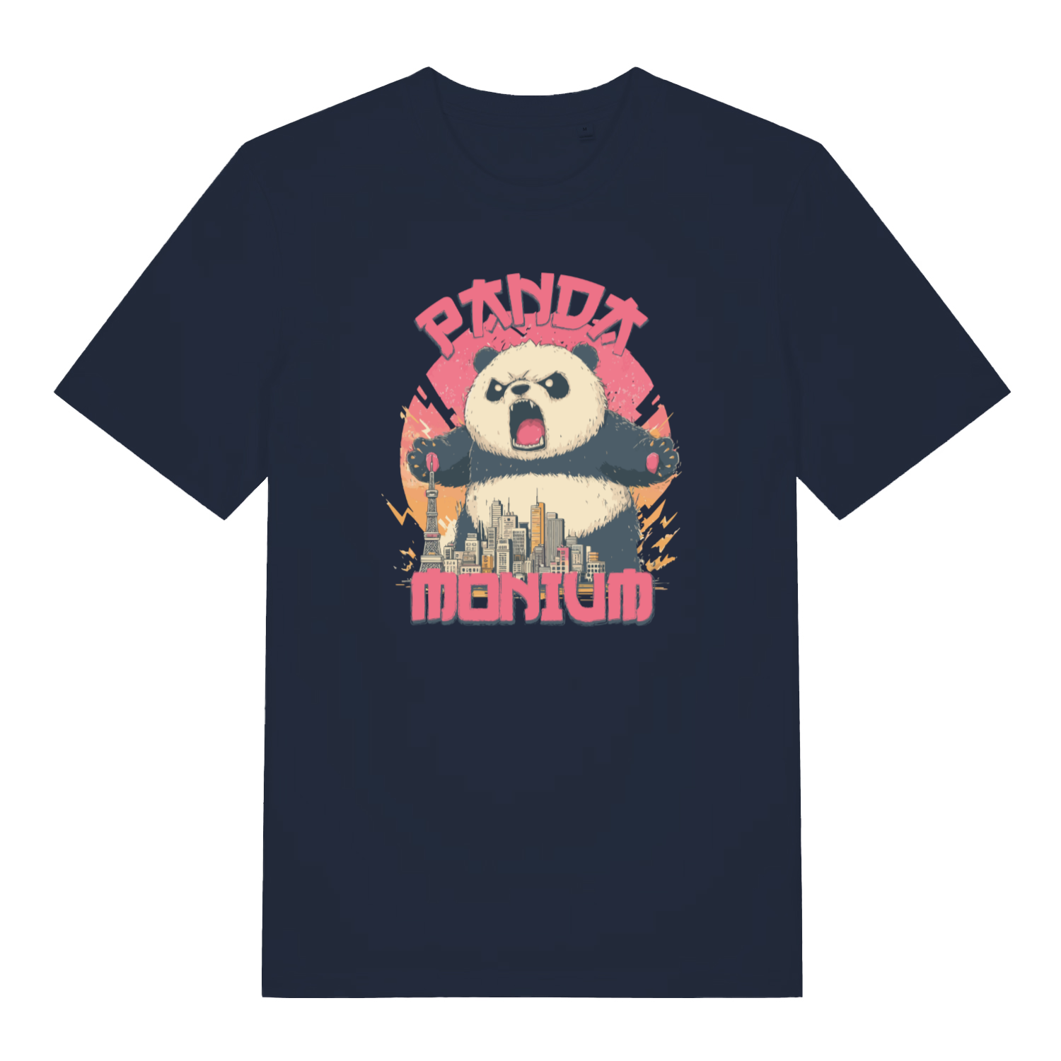 navy funny animal t-shirt with the graphic of a panda and a cityscape and the text 'pandamonium'
