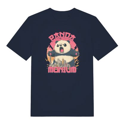 navy funny animal t-shirt with the graphic of a panda and a cityscape and the text 'pandamonium'