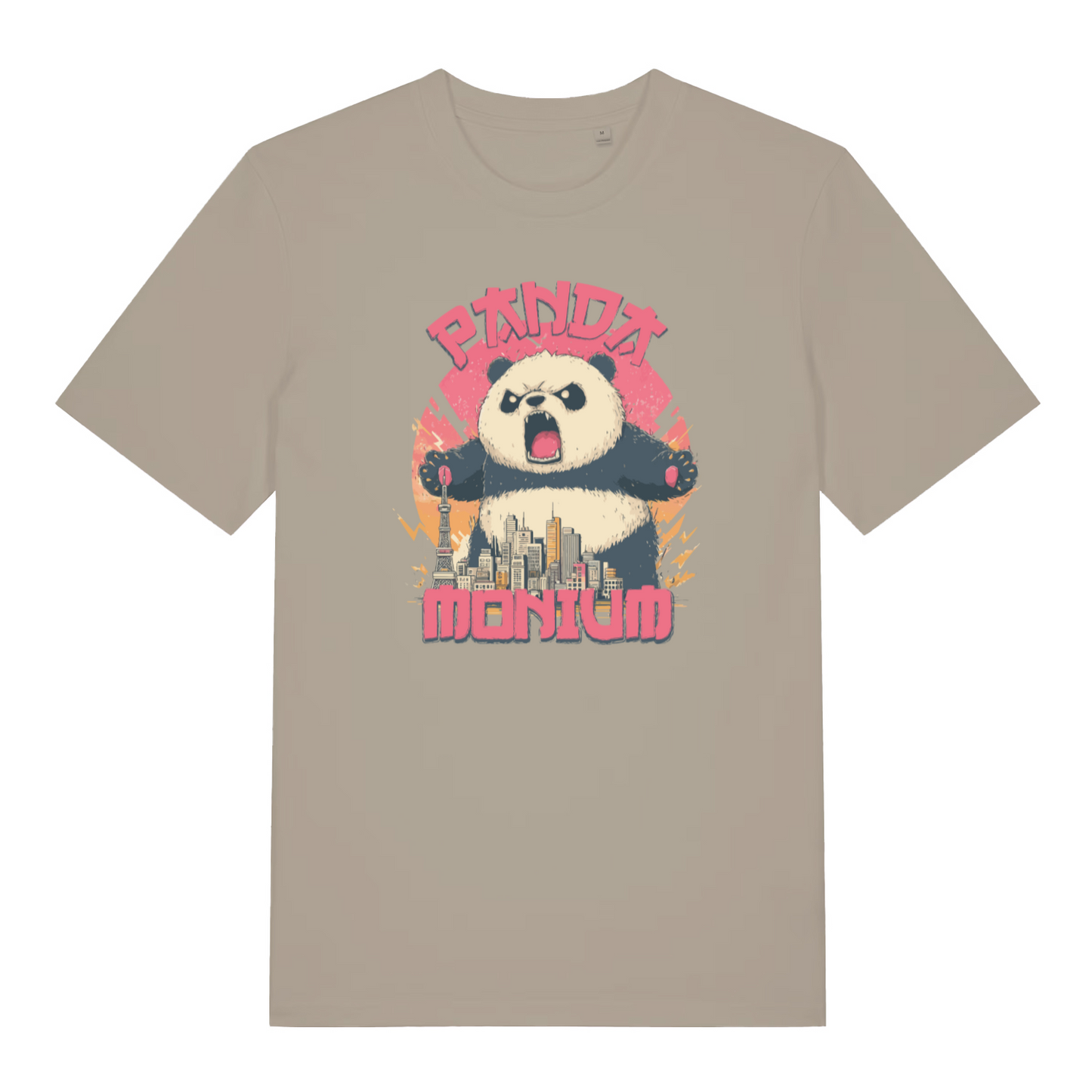 stone funny animal t-shirt with the graphic of a panda and a cityscape and the text 'pandamonium'
