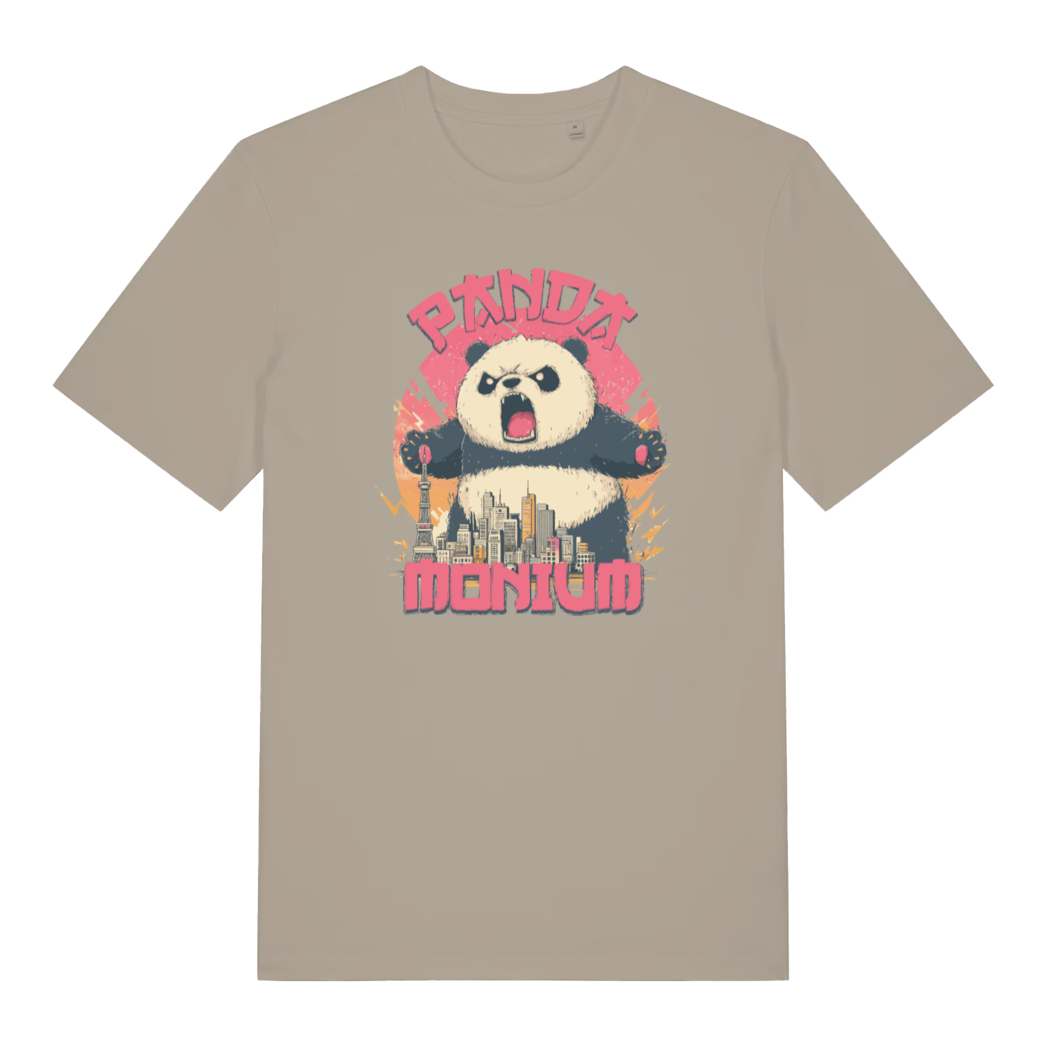 stone funny animal t-shirt with the graphic of a panda and a cityscape and the text 'pandamonium'