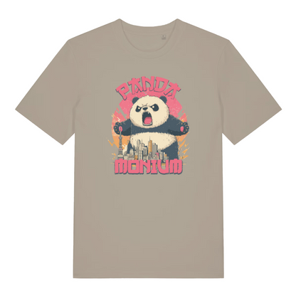 stone funny animal t-shirt with the graphic of a panda and a cityscape and the text 'pandamonium'