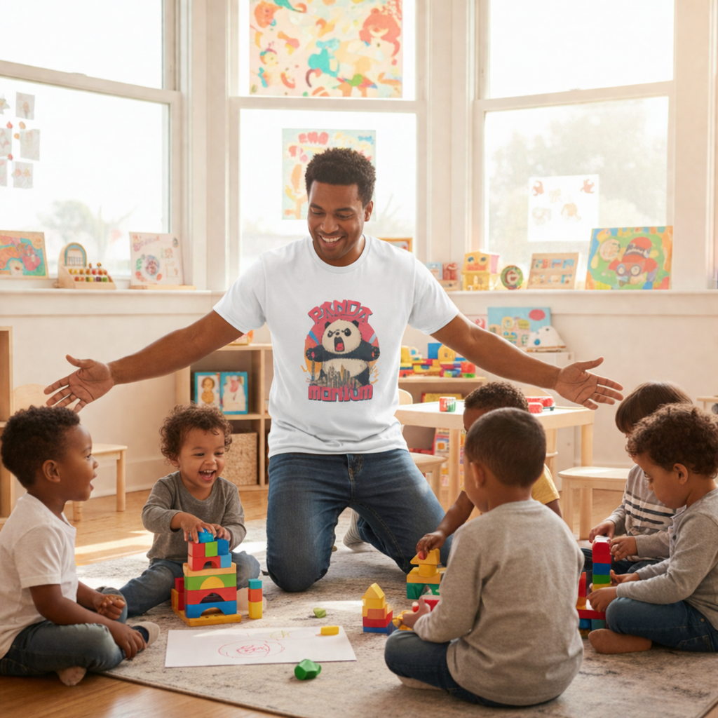 Teacher with children in a classroom setting, engaging with toys and each other.