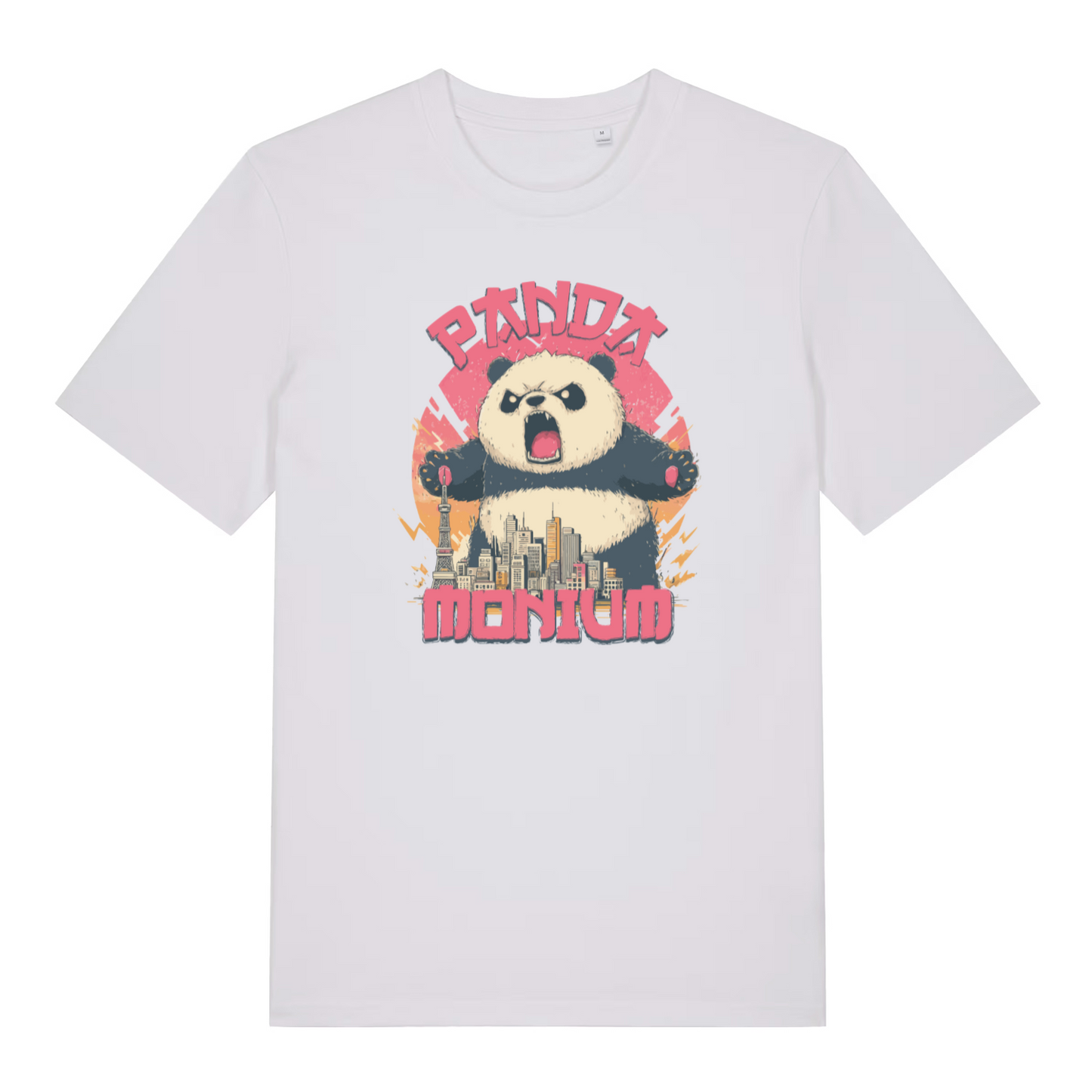 white funny animal t-shirt with the graphic of a panda and a cityscape and the text 'pandamonium'