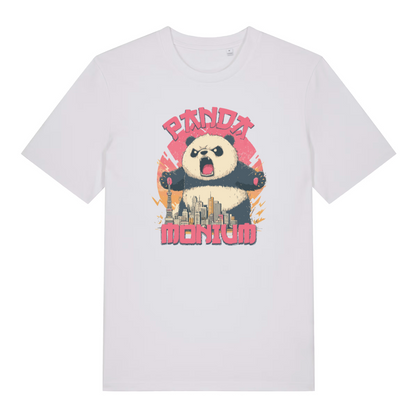 white funny animal t-shirt with the graphic of a panda and a cityscape and the text 'pandamonium'