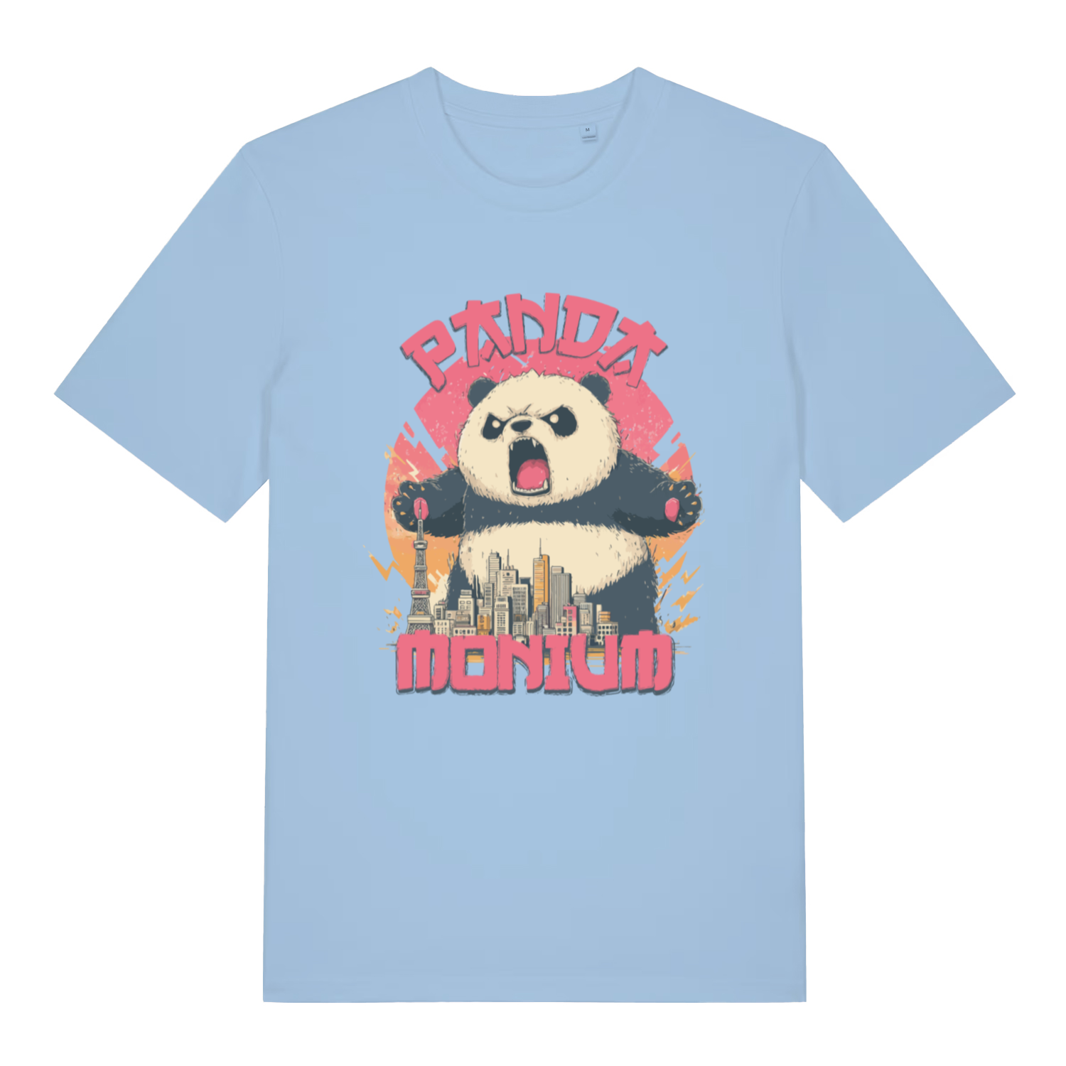 light blue women's funny animal t-shirt with a graphic of a panda holding a cityscape and the text 'Panda Montium'
