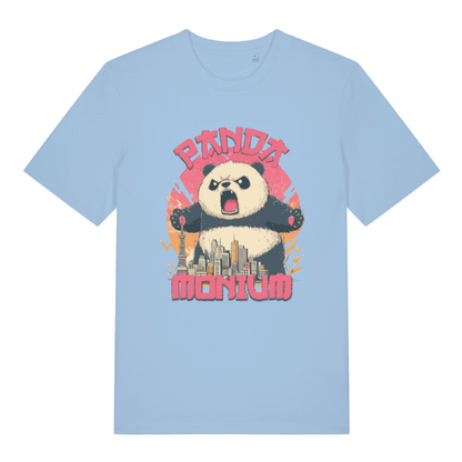 light blue women's funny animal t-shirt with a graphic of a panda holding a cityscape and the text 'Panda Montium'