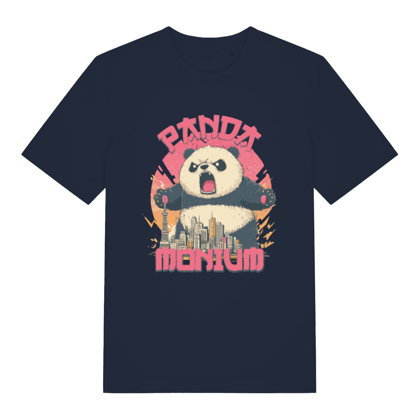 navy women's funny animal t-shirt with a graphic of a panda holding a cityscape and the text 'Panda Montium'