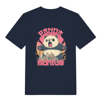 navy women's funny animal t-shirt with a graphic of a panda holding a cityscape and the text 'Panda Montium'