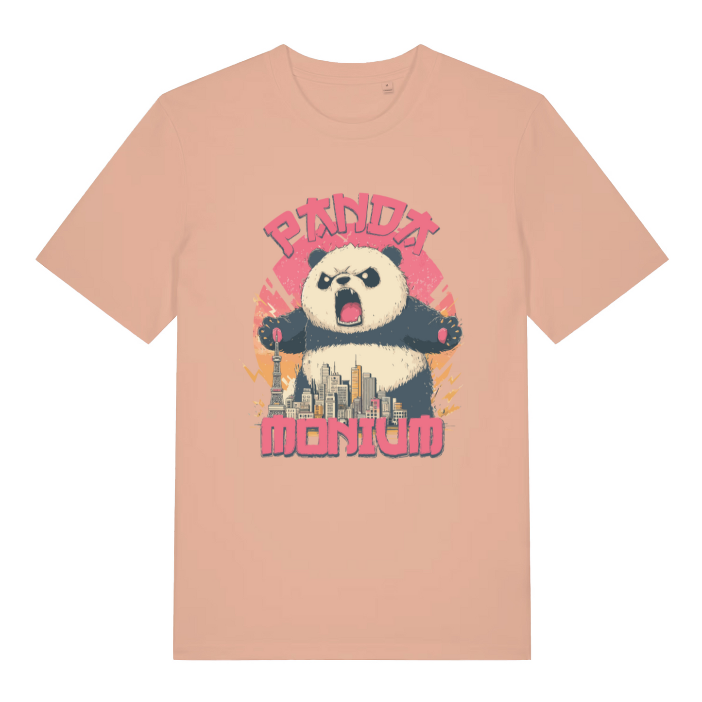 peach women's funny animal t-shirt with a graphic of a panda holding a cityscape and the text 'Panda Montium'