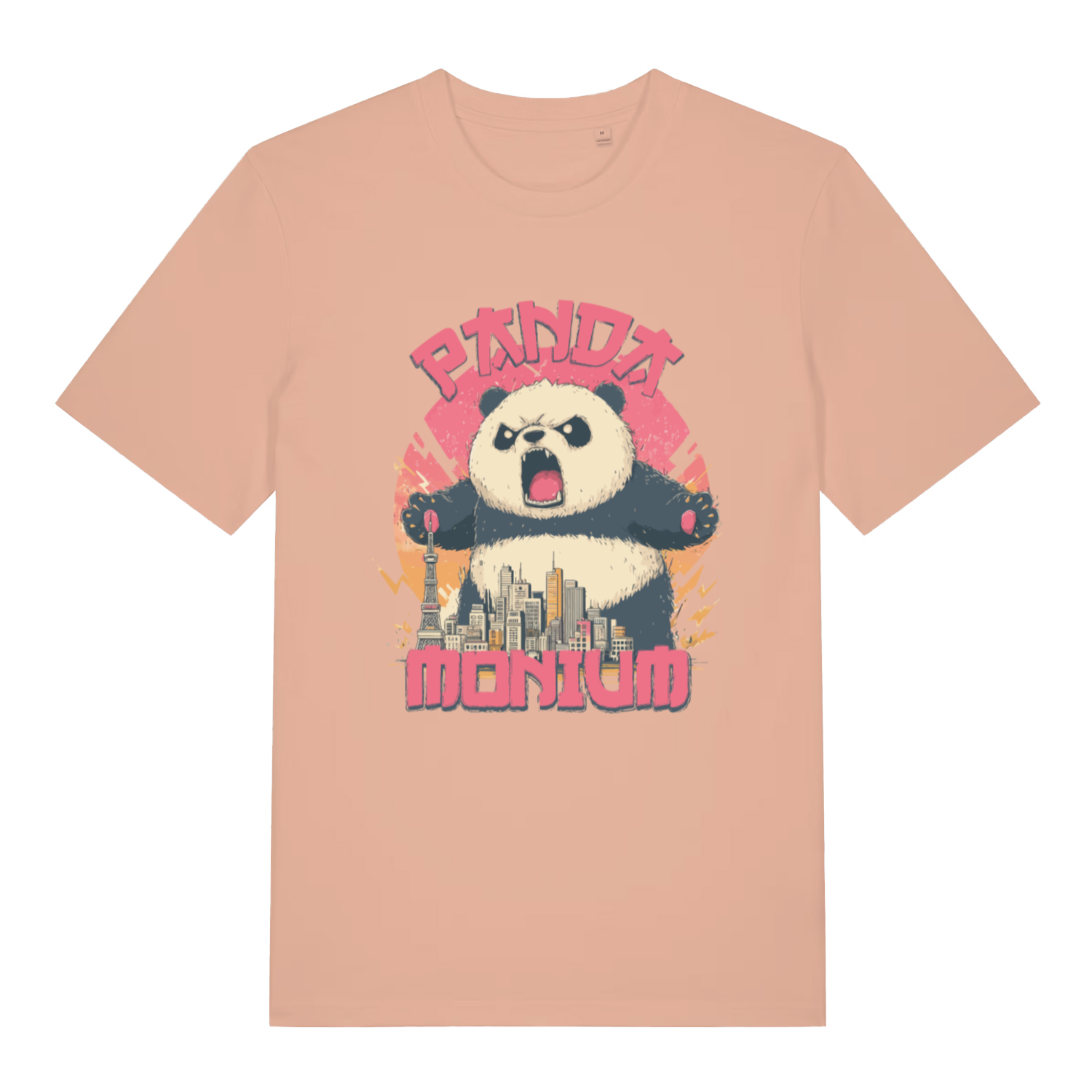 peach women's funny animal t-shirt with a graphic of a panda holding a cityscape and the text 'Panda Montium'
