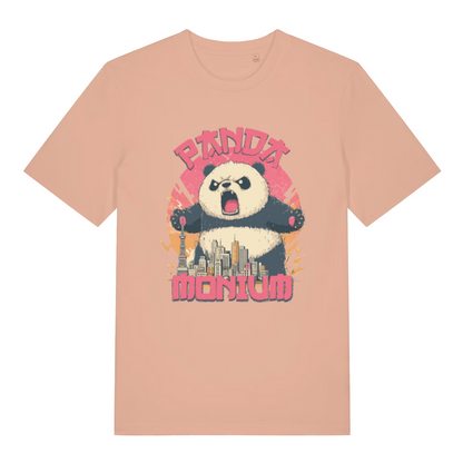 peach women's funny animal t-shirt with a graphic of a panda holding a cityscape and the text 'Panda Montium'