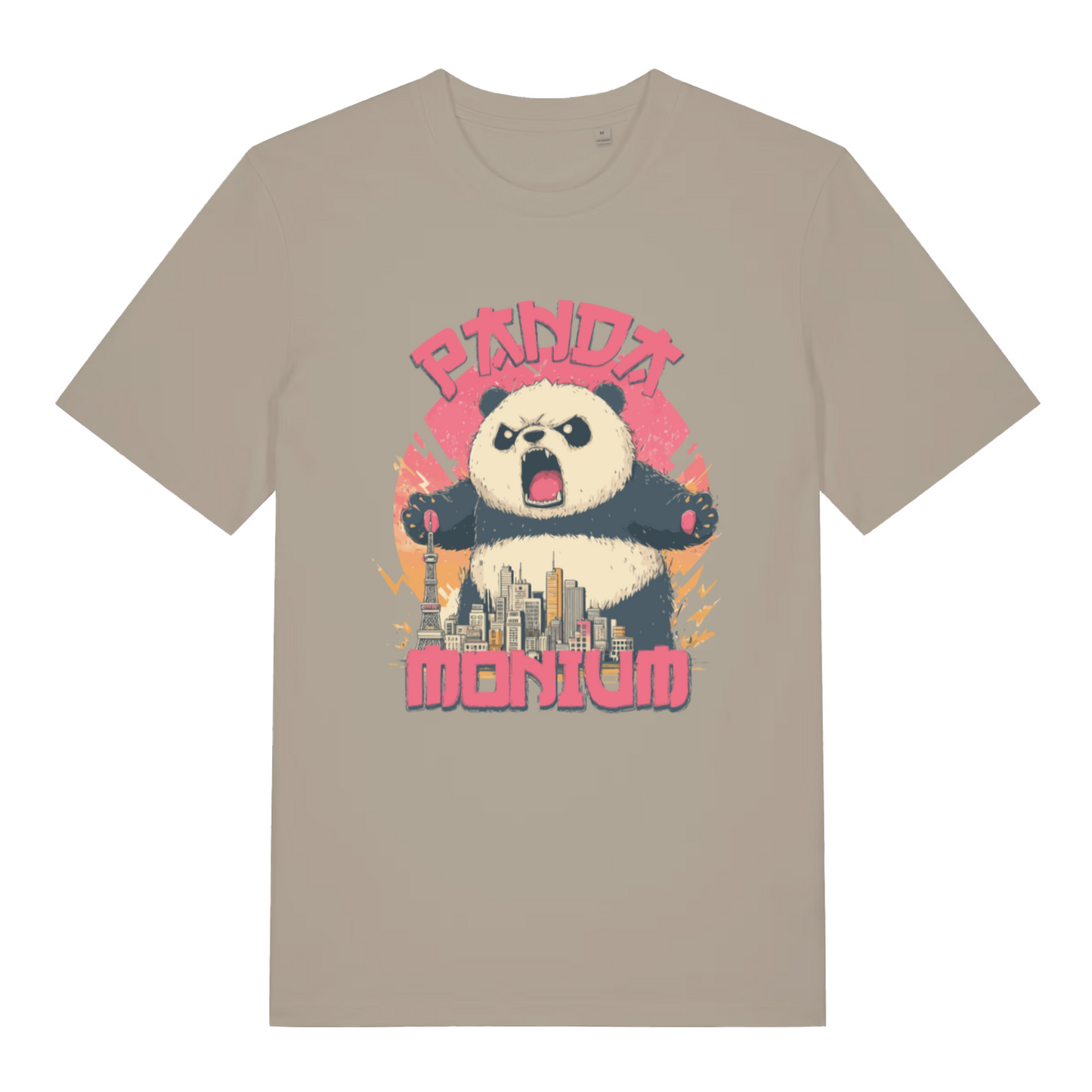 stone women's funny animal t-shirt with a graphic of a panda holding a cityscape and the text 'Panda Montium'