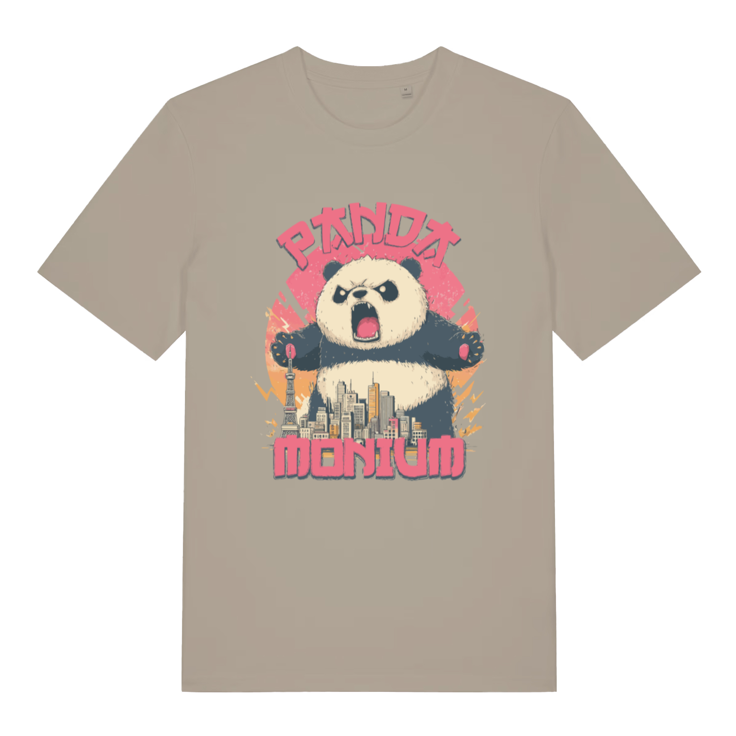 stone women's funny animal t-shirt with a graphic of a panda holding a cityscape and the text 'Panda Montium'