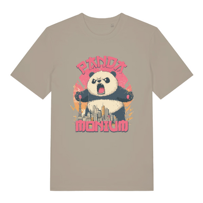 stone women's funny animal t-shirt with a graphic of a panda holding a cityscape and the text 'Panda Montium'