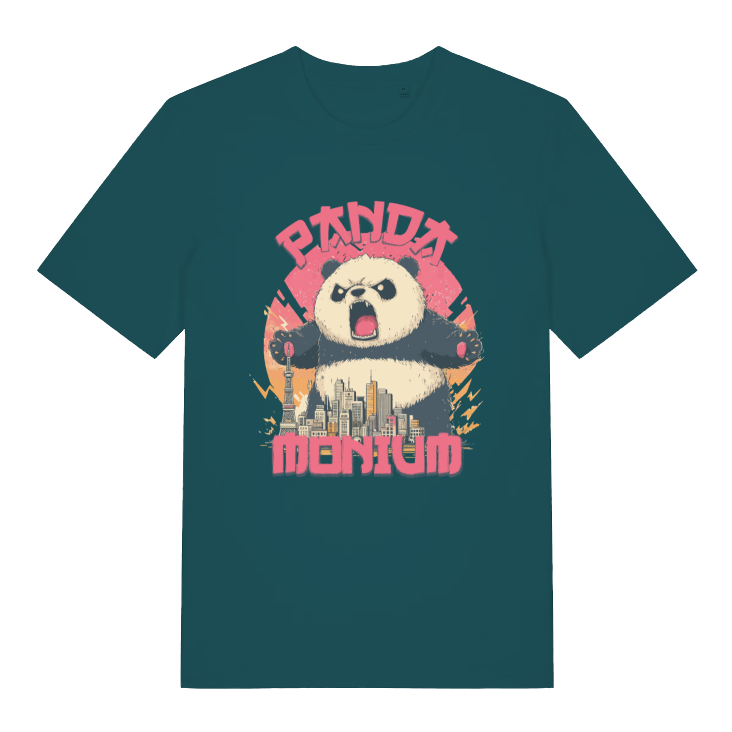 teal women's funny animal t-shirt with a graphic of a panda holding a cityscape and the text 'Panda Montium'