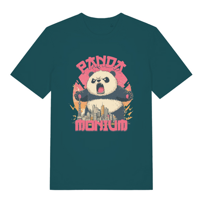 teal women's funny animal t-shirt with a graphic of a panda holding a cityscape and the text 'Panda Montium'