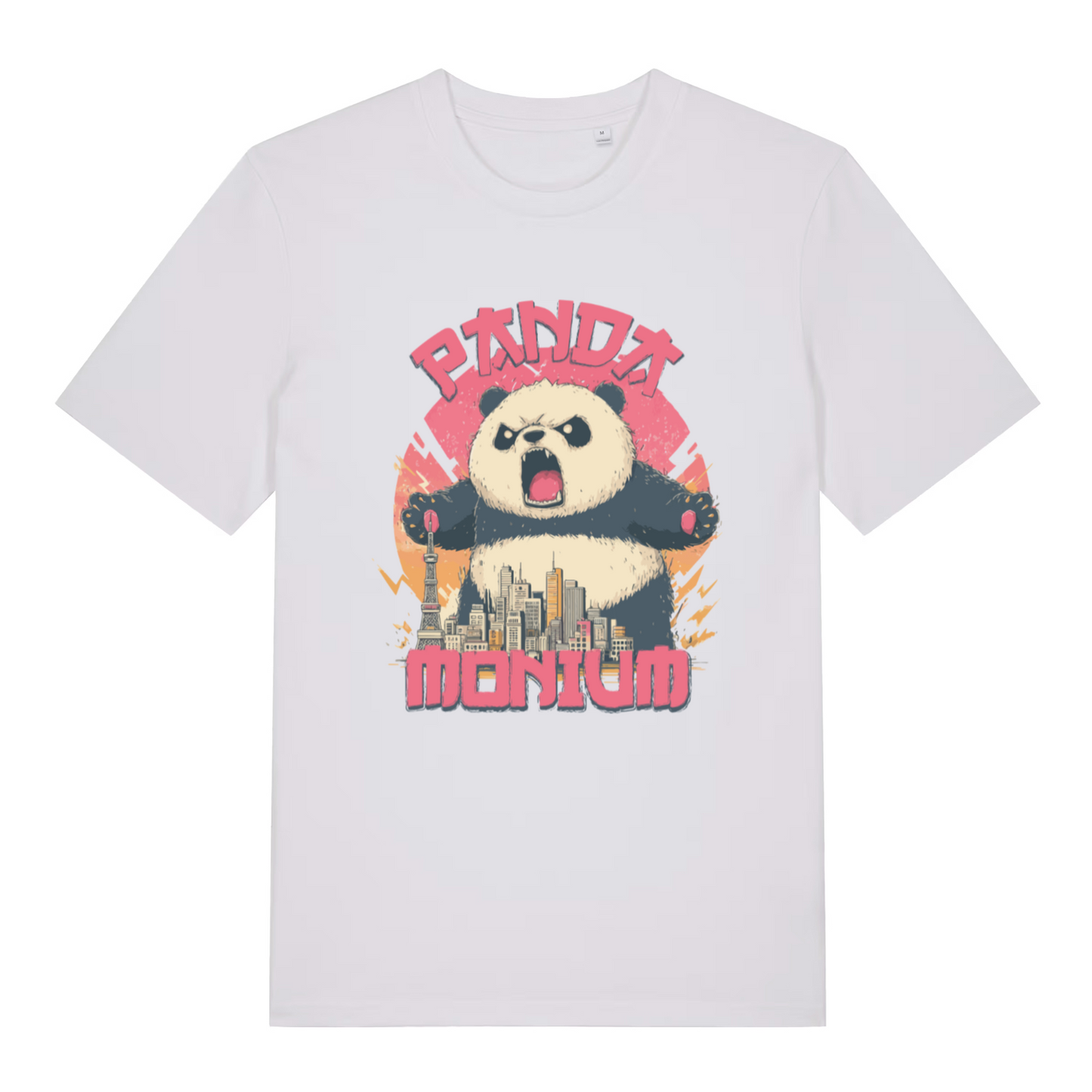 white women's funny animal t-shirt with a graphic of a panda holding a cityscape and the text 'Panda Montium'