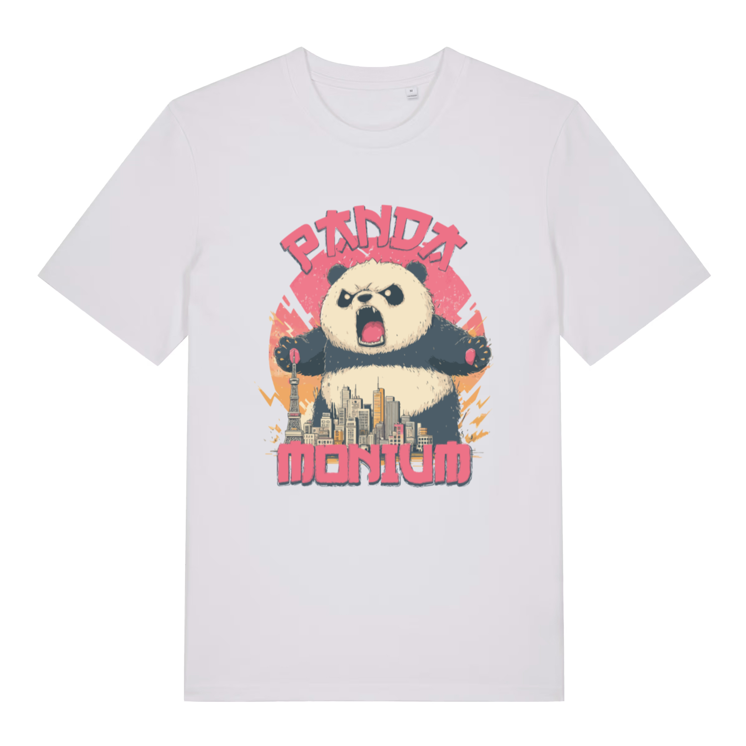 white women's funny animal t-shirt with a graphic of a panda holding a cityscape and the text 'Panda Montium'